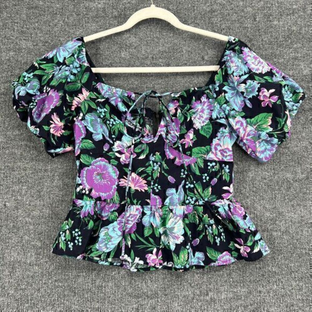 Lulumari Top Womens Small Black Purple Floral Cropped Peplum Blouse Milkmaid